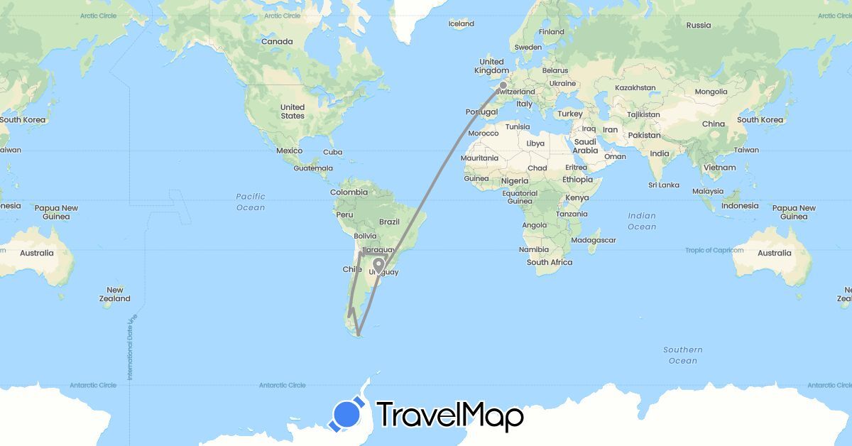 TravelMap itinerary: driving, plane in Argentina, Brazil, Chile, France (Europe, South America)